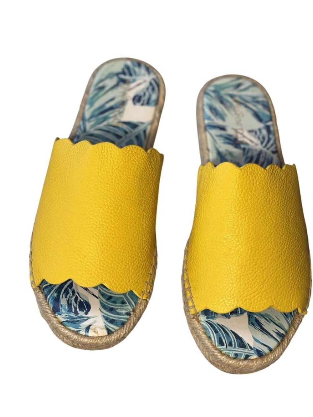 Aries Yellow Leather Scalloped Espadrille Slides Woven Tropical Print Sole Size - Picture 5 of 8